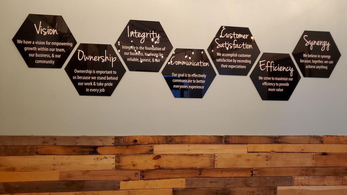 list of core values on our office wall | Bailey’s Fargo